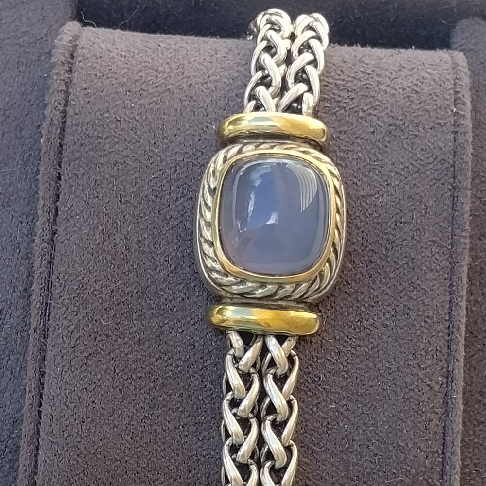 David Yurman Large Albion Double Wheat Chain Bracelet With Gold Chalcedony Stone